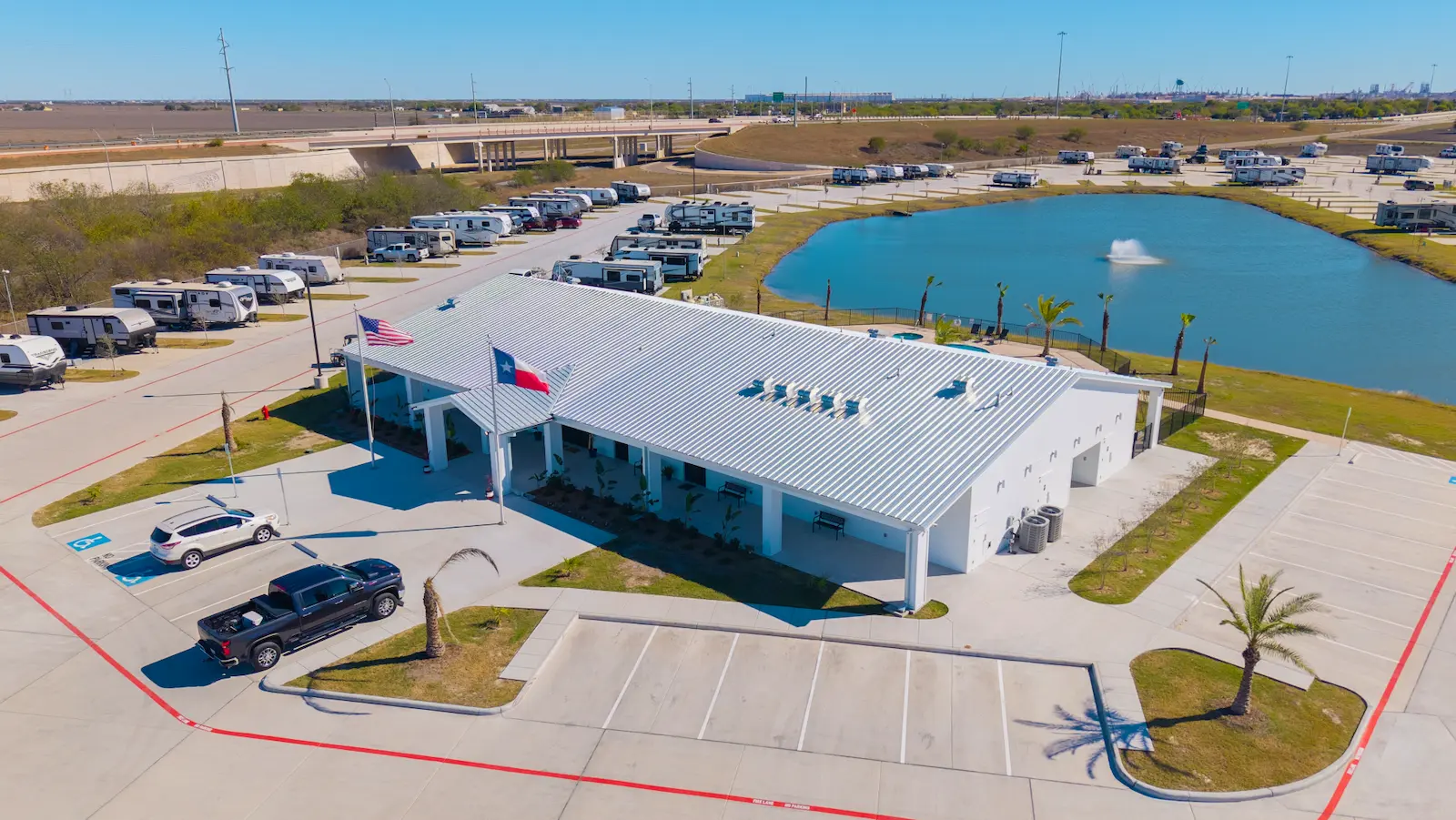 Aerial view of the clubhouse and pond